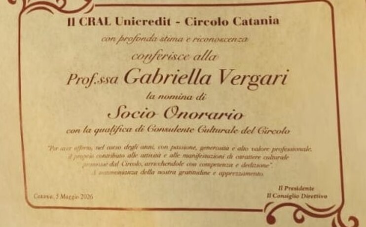 NOMINA A SOCIO ONORARIO CRAL CIRCOLO CATANIA DELLA SCRITTRICE GABRIELLA VERGARI